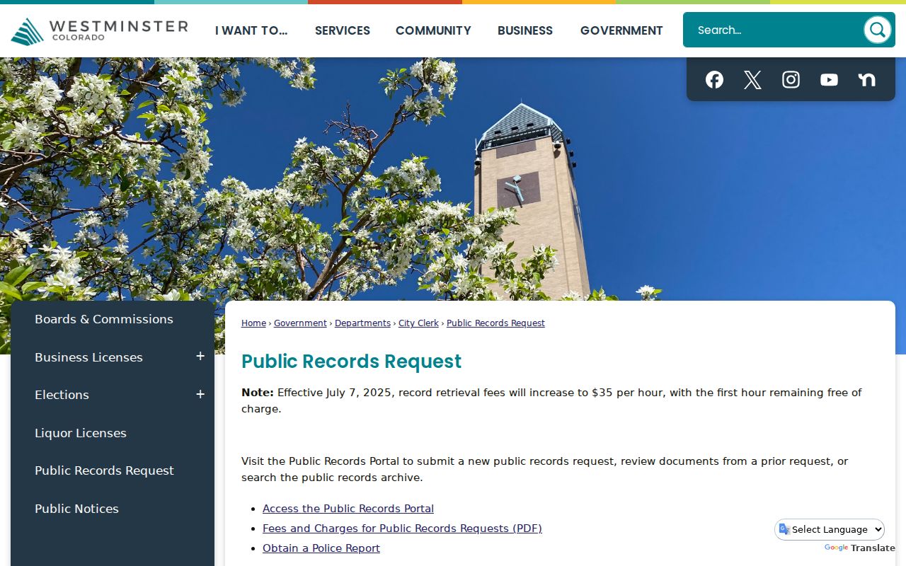 Westminster residents directory public records request route