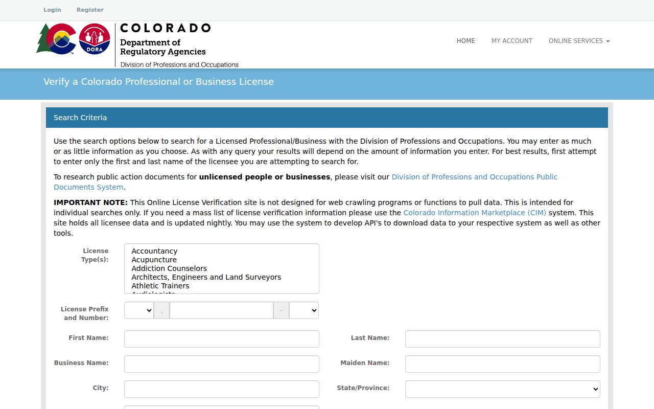 Westminster residents directory DORA license lookup