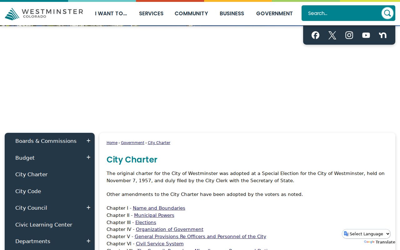 Westminster previous residents city charter history